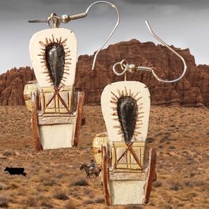 Old Western Covered Wagon Pierced Earrings Lightweight Wood Brown Black
